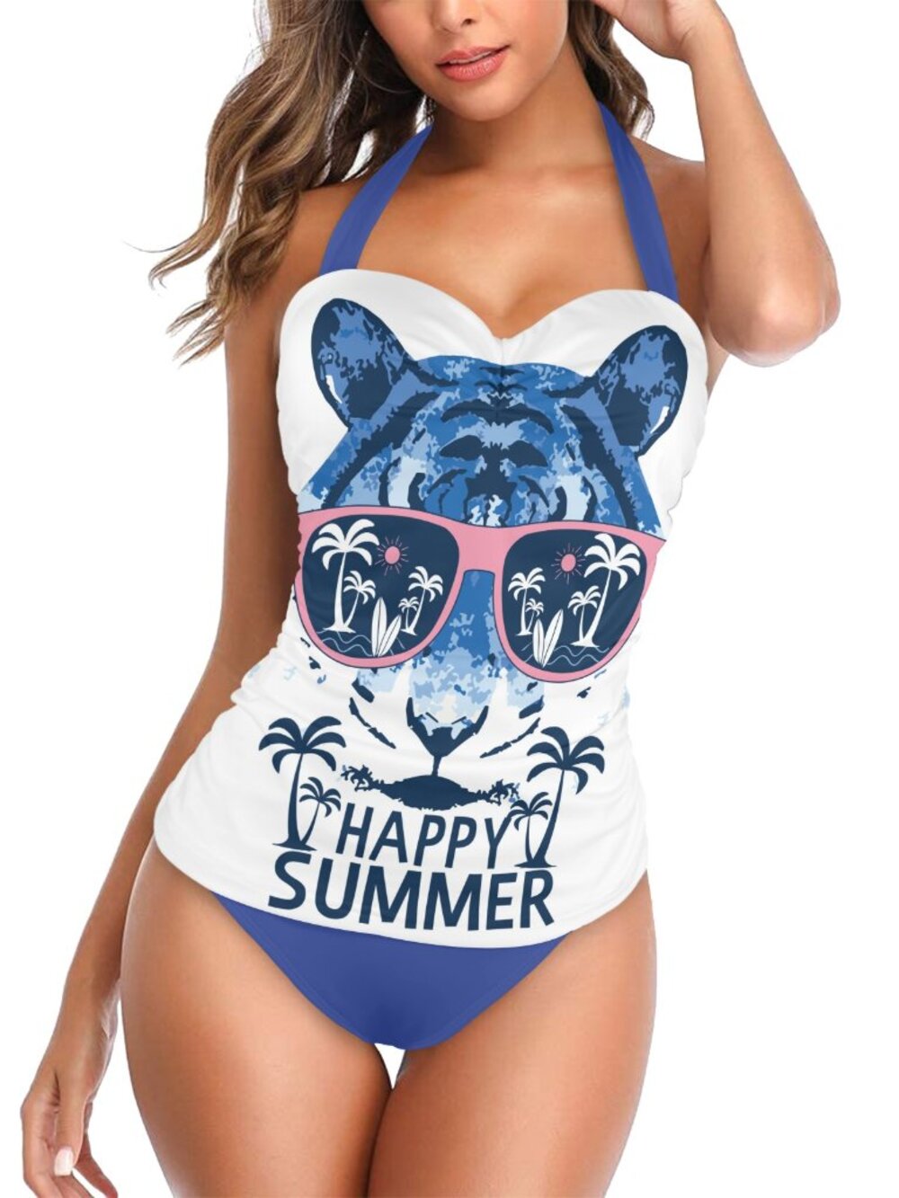 Happy Summer Tiger Halter Neck Gather Chest 1PC Swimsuit